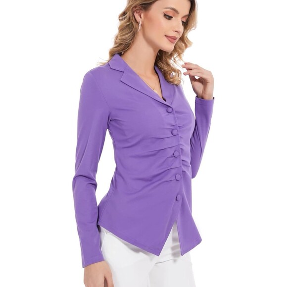 Purple Long Sleeve Button-Up Blouse with Pleated Front Design - Picture 6 of 10